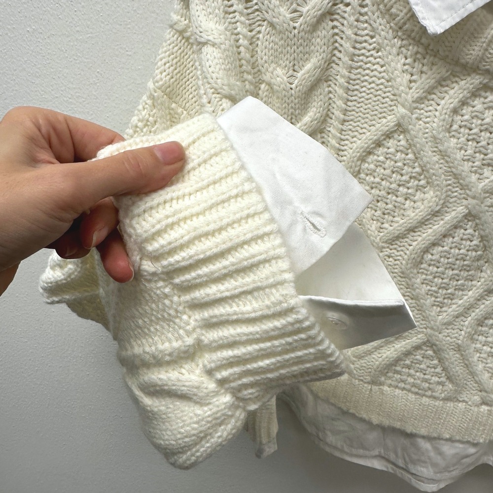 Avec Les Filles Cropped Layered Cable Knit Sweater Ivory M - Picture 4 of 8